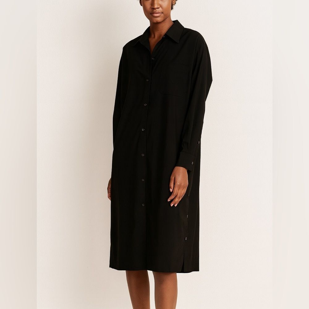 Athleta Drift Poplin Long Shirt Dress Black Button Front Midi Size Small